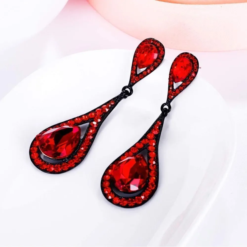 Carbon Black with Ruby Red Austrian Crystal Dual Dangling Teardrop Earrings